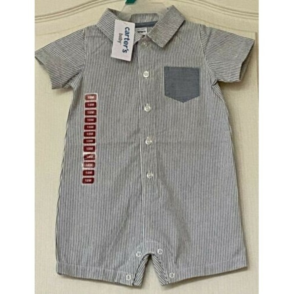 CARTER'S Baby Boy 9 Months Cotton, Blue/White‎ Striped, Collared, Rompers *NWT